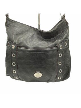 Dana Buchman Black Faux Leather Hobo Tote Shoulder Bag Silver Grommets Large